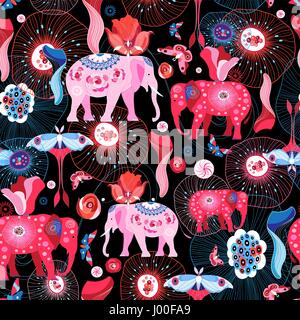 Seamless efthasis pattern with pink elephants and butterflies Stock Vector