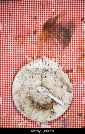 Very dirty old plate and spoon on a red checkered dirty tablecloth Stock Photo