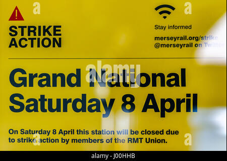 Merseyside, UK. 8th April 2017. Guard members of the RMT union commence industrial action on Merseyrail trains across Merseyside, Cheshire and Wirral, disrupting travel plans for thousands of visitors to the Grand National race in Aintree, Liverpool. © Paul Warburton Stock Photo