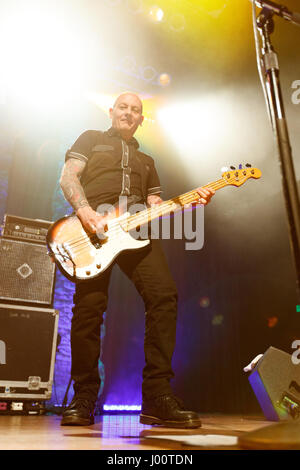 San Diego, California. April 7, 2017. Bassist Stu West  performs with the Damned at the House of Blues. Originally formed in 1976 in London, The Damned is on their 40th anniversary tour. Stock Photo