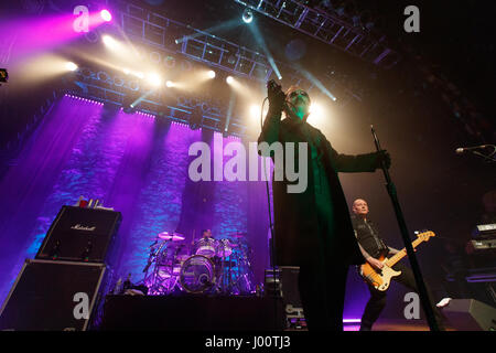 San Diego, California. April 7, 2017. Originally formed in 1976 in London, The Damned performs at the House of Blues during their 40th anniversary tour. Singer Dave Vanion is backed by drummer Pinch and base player Stu West. Stock Photo