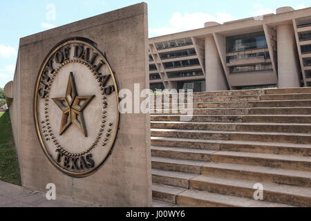 Dallas, TX, USA, 8 April, 2017, DALLAS- APR 8: Dallas City Hall steps, location for the 'Megamarch II' rally April 9, expected to draw an ethnically diverse crowd of thousands in support of immigration reform. The original 'Megamarch' in 2006 attracted more than 250,000 participants. Martin Luther King III is expected to attend and speak. Credit: Keith Adamek/Alamy Stock Photo