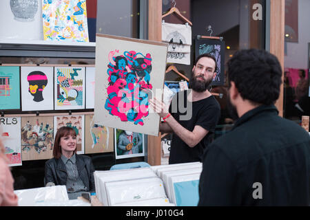 Barcelona, Spain. 8th April, 2017. The OFFF Festival at Museu Del Disseny in Barcelona. The popular conference attracts designers, artists, filmmakers and photographers from around the world. Pictured: Last minute activity on the festival stalls. Picture: Rob Watkins/Alamy News Stock Photo
