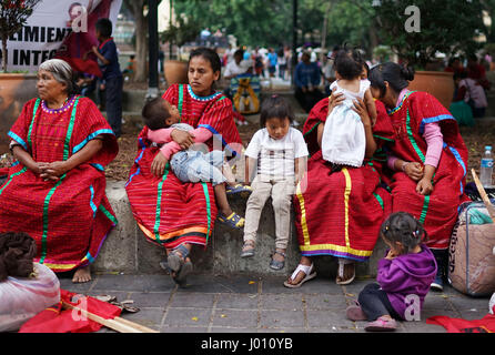 Oaxaca City, Oaxaca, Mexico. 8th Apr, 2017. Indigenous Zacatecas Indians in colorful garb sit at El Zocalo Park in Oaxaca on March 27, 2017. Credit: Sandy Huffaker/ZUMA Wire/Alamy Live News Stock Photo