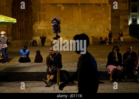 Oaxaca City, Oaxaca, Mexico. 8th Apr, 2017. People sit in front of the main Catedral at El Zocalo Park in Oaxaca City on March 27, 2017 in Oaxaca. Credit: Sandy Huffaker/ZUMA Wire/Alamy Live News Stock Photo