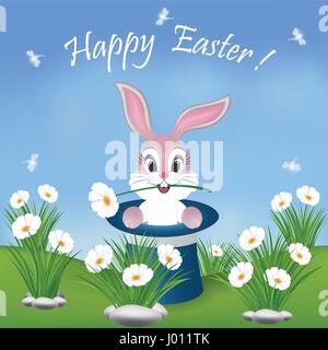 Happy Easter card with a cute pink bunny in the magician hat. Spring background with sweet white flowers and grass on the field. Dragonflies on the bl Stock Vector