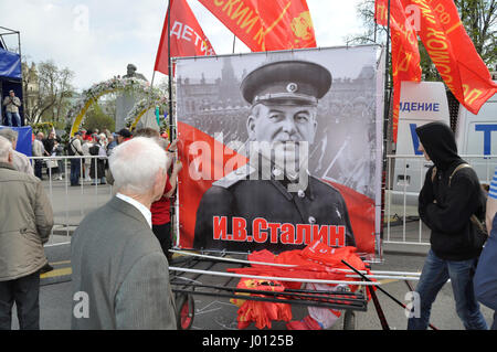 Portraits of communist leaders are shown at the Russian Communist Workers' Party demonstration during a Day of Spring and Labour. Stock Photo