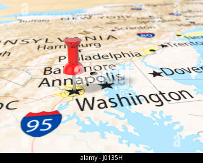 Pushpin on Washington map background. 3d illustration. Stock Photo