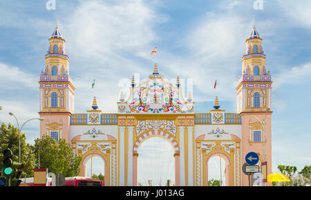 SEVILLE - APRIL 23: An elaborate gate is erected each year during the Feria de Abril on April 23, 2015 in Seville, Spain. Stock Photo