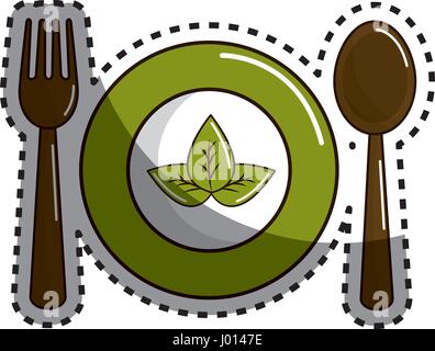 sticker spoon, fork and plate with leaves Stock Vector