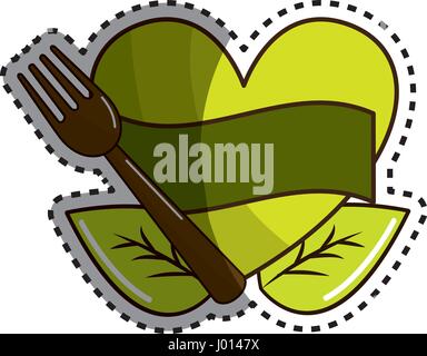 sticker green heart with ribbon, fork and leaves Stock Vector