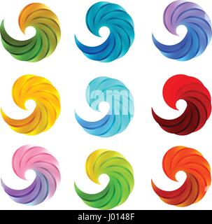 Isolated abstract colorful swirl logos set on white background vector illustration, waves logotypes collection,circular shape loading emblems Stock Vector