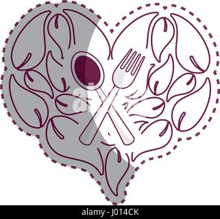 sticker leaves in form of heart with spoon, fork inside Stock Vector