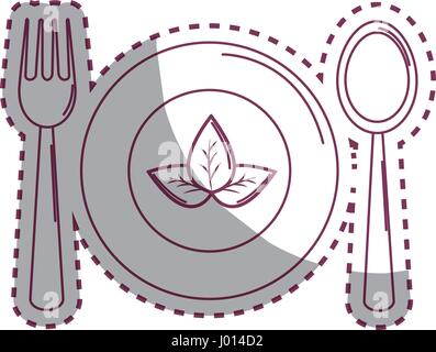 sticker spoon, fork and plate with leaves Stock Vector