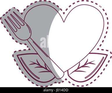 sticker heart with ribbon, fork and leaves Stock Vector