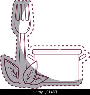 sticker pot kitchen with fork tool and leaves Stock Vector