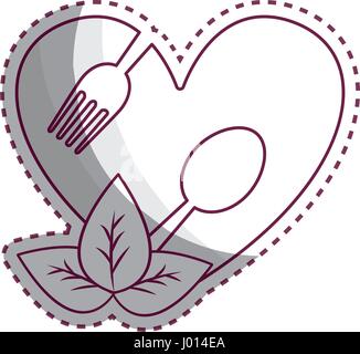 sticker heart with spoon and fork inside with leaves Stock Vector