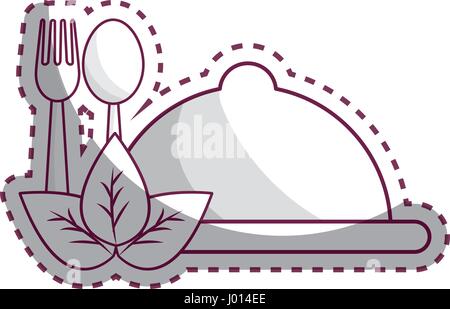 sticker tray with spoon and fork tools with leaves Stock Vector