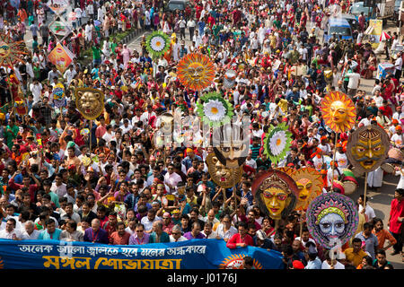 Mangal Shobhajatra, a colourful and festive procession celebrating Pahela Baishakh, the Bengali New Year, sets off from the Fine Arts Faculty of Dhaka Stock Photo