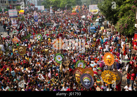 Mangal Shobhajatra, a colourful and festive procession celebrating Pahela Baishakh, the Bengali New Year, sets off from the Fine Arts Faculty of Dhaka Stock Photo