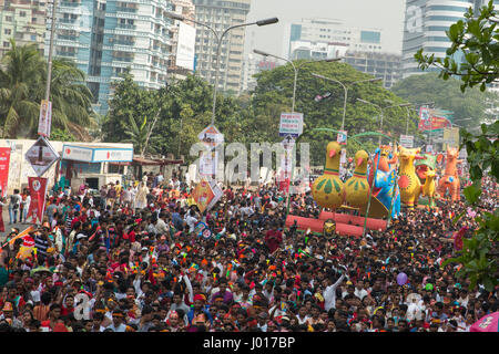 Mangal Shobhajatra, a colourful and festive procession celebrating Pahela Baishakh, the Bengali New Year, sets off from the Fine Arts Faculty of Dhaka Stock Photo