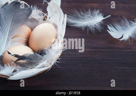Three chicken eggs in a basket with feathers, selective focus, empty space on the right Stock Photo