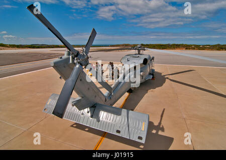 Rear view of a Royal Australian Navy Sikorsky S70B Seahawk, taken from an elevated position above the tail rotor. A Stock Photo