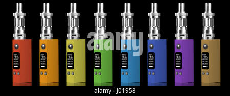 Eight multicolored electronic cigarettes - isolated on black background. Stock Photo