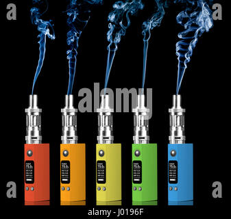 Five multicolored electronic cigarettes and steam - isolated on black background. Stock Photo