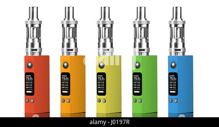 Five multicolored electronic cigarettes - isolated on white background. Stock Photo