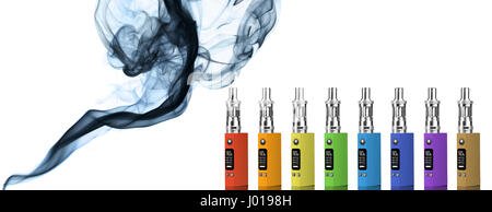 Eight multicolored electronic cigarettes and smoke - isolated on white background. Stock Photo