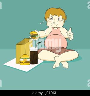 Overweight boy eating fast food Stock Vector