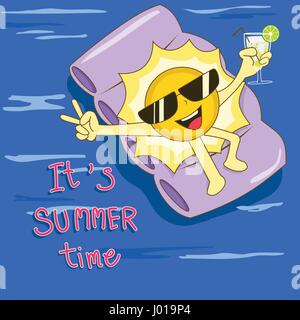 Happy sun on floating air mattress with cocktail glass in hand Stock Vector