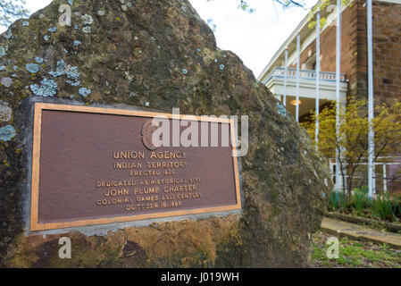 Rock marker commemorating the original Union Indian Agency building at The Five Civilized Tribes Museum in Muskogee, Oklahoma. (USA) Stock Photo