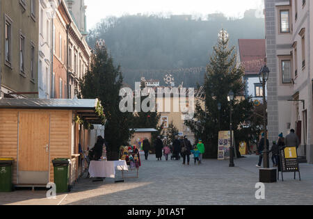 Picture of Christmas fair in Celje, Slovenia. Old and beautiful city has a long tradition of Christmas markets, and fairy land awaits kids in winter. Stock Photo