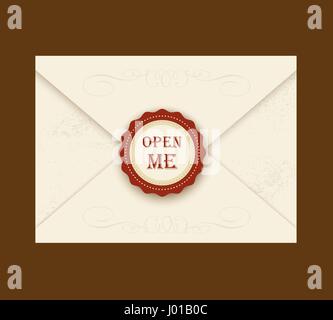 Envelope with rosette seal. Vector illustration. Quote Open me. ideal for invitation envelopes for a wedding or birthday in style Alice in Wonderland Stock Vector
