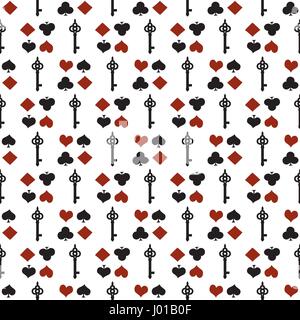 Seamless background with suits. Poker or casino seamless pattern - vector white background with red and black playing card suits and keys. Alice in Wonderland  Stock Vector