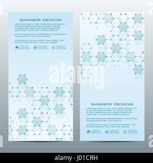 Two of modern vertical scientific banners. Molecular structure of DNA and neurons. Geometric abstract background. Medicine, science, technology, business and website templates. Vector illustration Stock Vector