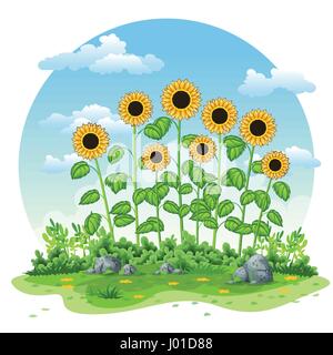 Illustration of an landscape with sunflowers Stock Vector