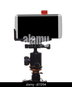 Mobile phone on a tripod, white isolated background Stock Photo