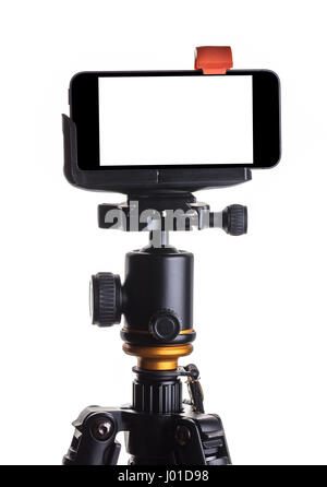 Mobile phone on a tripod, white isolated background Stock Photo