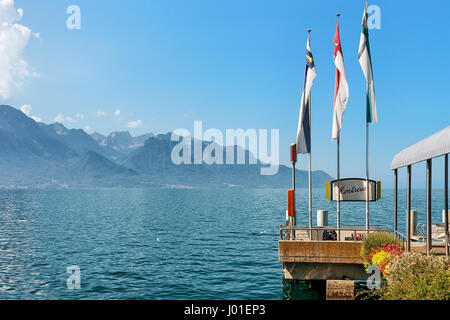 Montreux, Switzerland - August 27, 2016: Landing stage on Geneva Lake in Montreux, Vaud canton, Switzerland Stock Photo