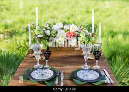 Wedding decor. Table for the newlyweds outdoor.  Wedding reception. Stock Photo