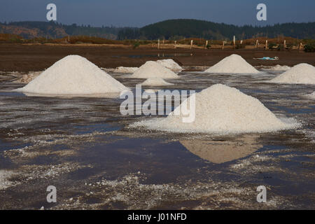 Pyramids of salt, made using traditional artisan methods in specially constructed lagoons at Cahuil on the coast of Chile. Stock Photo