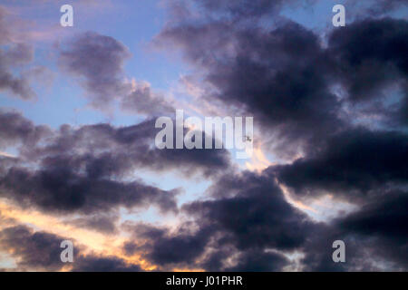 A lone bird flies through colorfully contrasting clouds high above around sunset Stock Photo