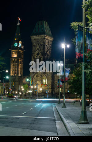 Nightime view of the East Block and Peace Tower, looking down Elgin Street, in Ottawa, Canada Stock Photo