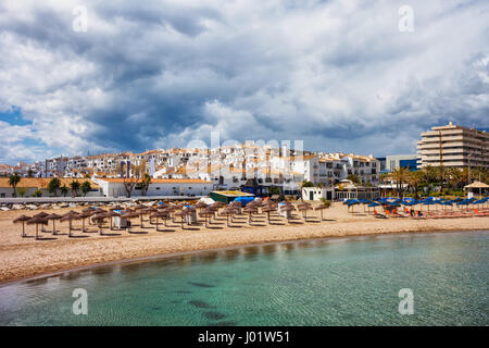 Beach in Puerto Banus resort on Costa del Sol, Marbella, Andalusia, Spain Stock Photo