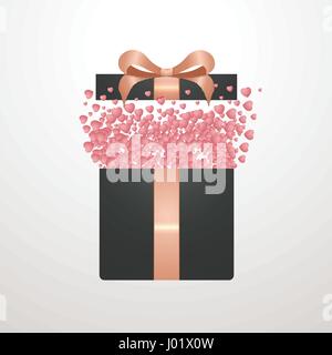 Realistic gift box Vector illustration Confetti in the form of pink hearts are flying out of an open gift box with elegant pink ribbon Realistic style Stock Vector