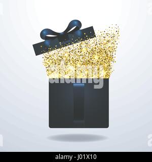 Realistic gift box Vector illustration Gold confetti are flying out of an open blue gift box with elegant ribbon Realistic style Stock Vector