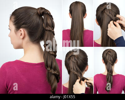 braided hairstyle for party tutorial step by step. Beautiful hairstyle for long hair. Pony tail with braid. Hair tutorial Stock Photo
